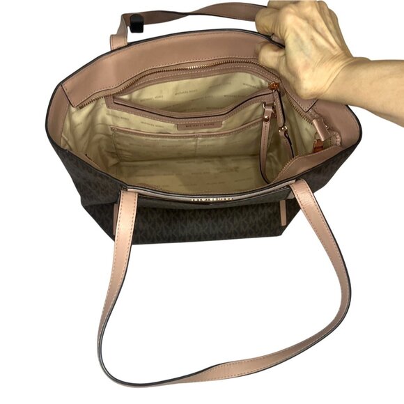 Michael Kors Tote Bag Brown Logo Print Leather Trim Style 30T8TN1T1B Authenticat - Picture 5 of 16